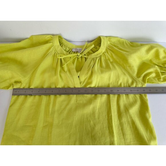 LOFT Womens Top Petite MP Neon Grn Linen Blend Tie Neck Puff Sleeve Peasant Boho - Picture 9 of 12